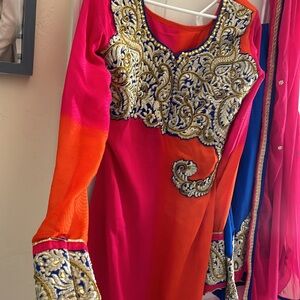 Vibrant Multicolor Orange and Pink Parallel Kameez